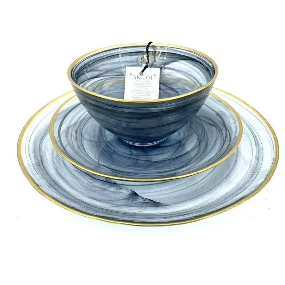 Akcam Turkish Glass 4 Plates Set Entrée Dinner Black Swirl Gold Rim 11